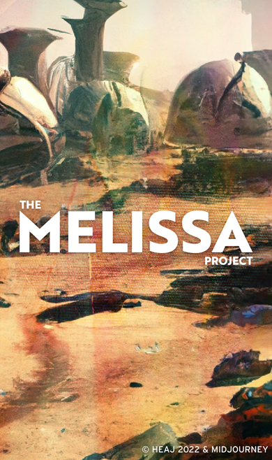 Background of a martian settlement with the title 'THE MELISSA PROJECT' written over it.